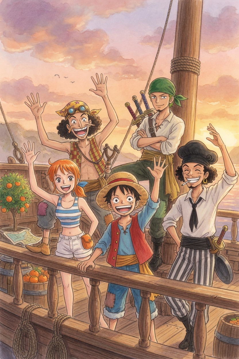 Straw Hat crew in a Ghibli-style thank-you scene
